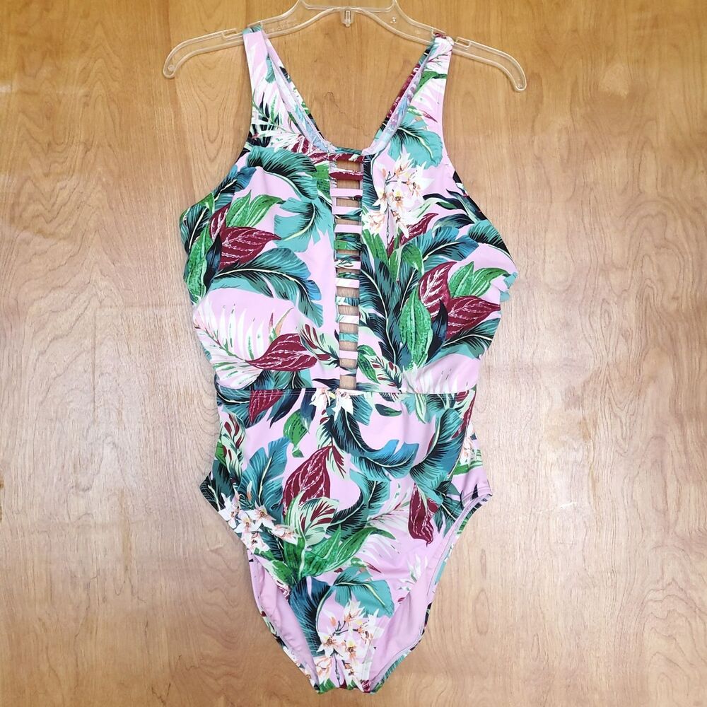 Miraclesuit One Piece Swimsuit Size L (estimated) Floral Leah High Neck Pink